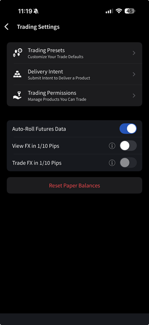The trade settings menu on the iPhone. 